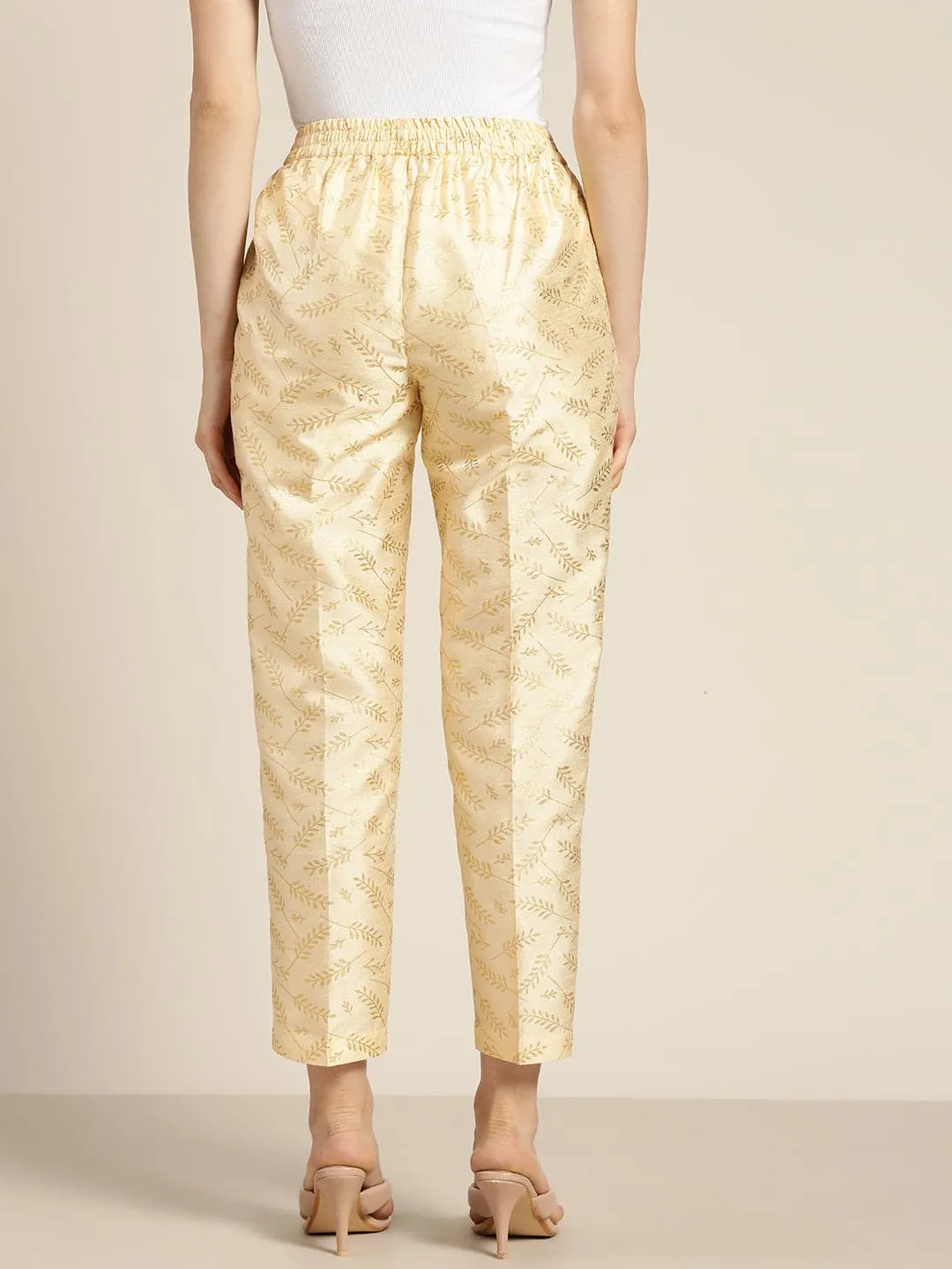 Women Beige Chanderi Gold Foil Pencil Pants