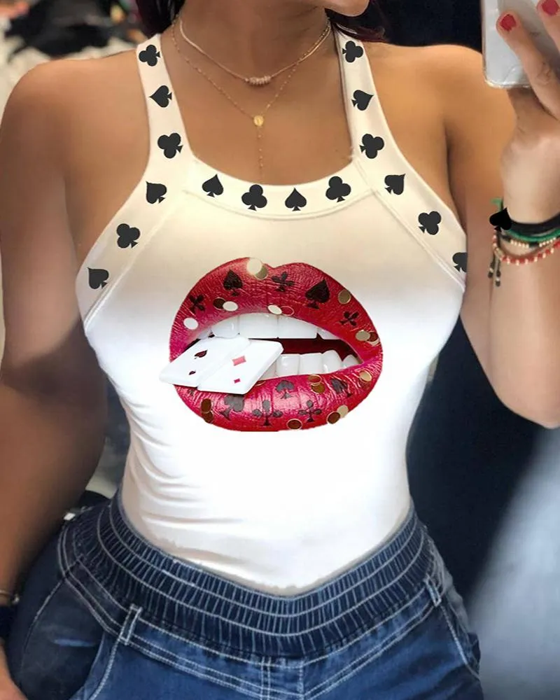 Women Casual Sleeveless Thick Strap Lip Print Backless Bowknot Design Tank Tops