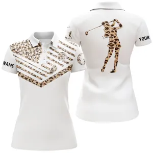 Women Golf Polo Shirt Leopard Multi Color Pattern American Flag Custom Name White Golf Shirt