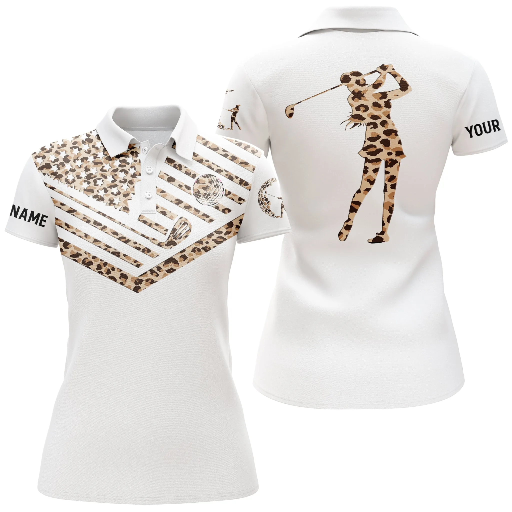 Women Golf Polo Shirt Leopard Multi Color Pattern American Flag Custom Name White Golf Shirt