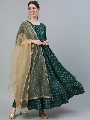 Women Green Foil Printed Maxi Dress With Embroidered Net Dupatta