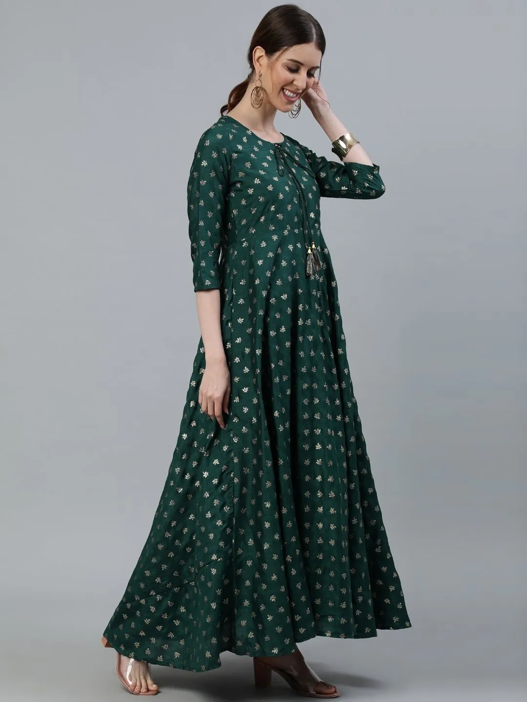 Women Green Foil Printed Maxi Dress With Embroidered Net Dupatta