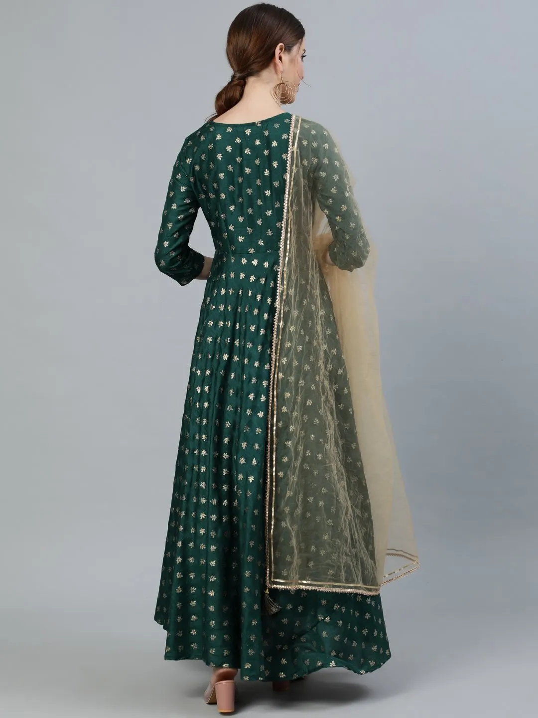 Women Green Foil Printed Maxi Dress With Embroidered Net Dupatta