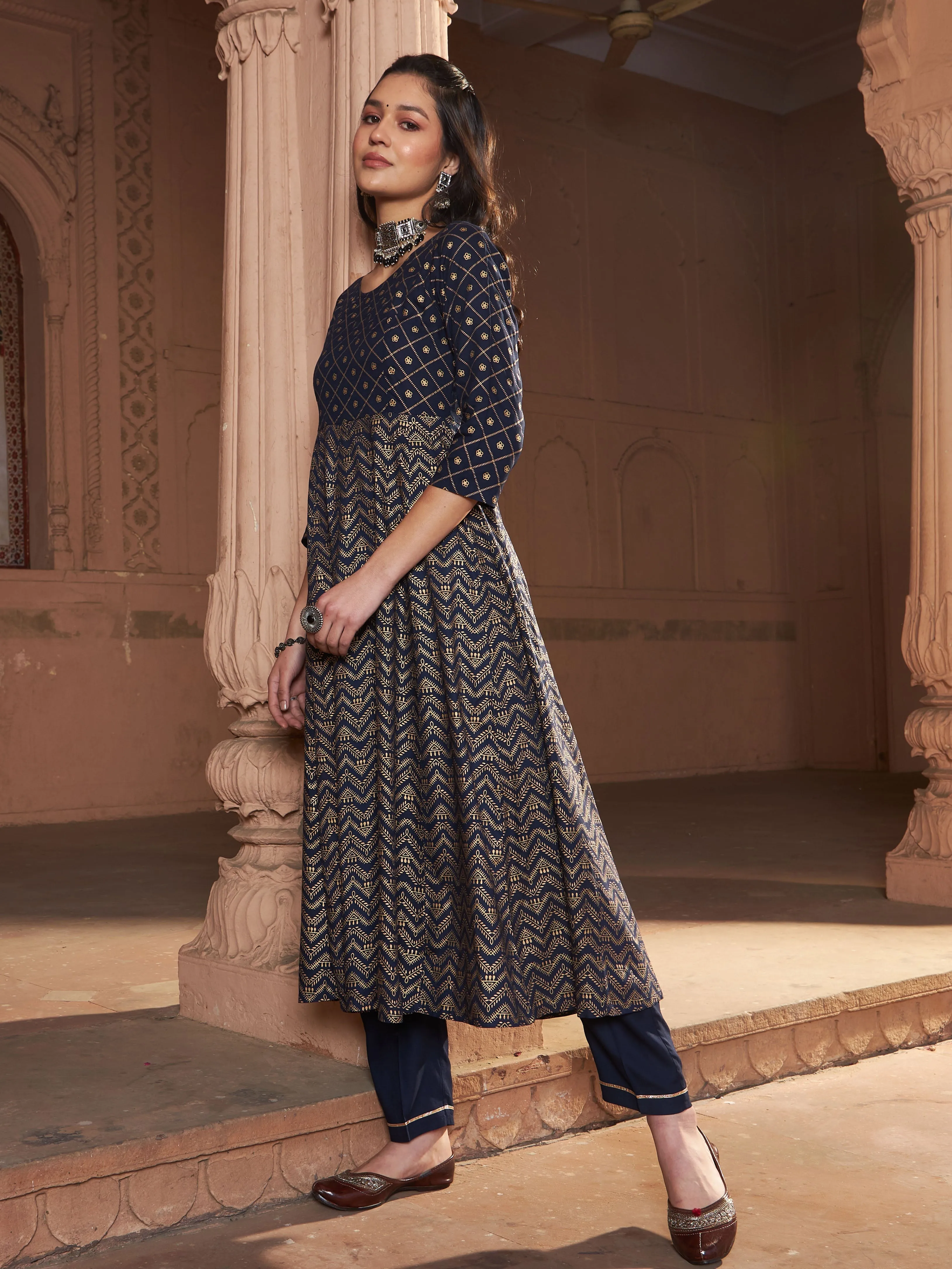 Women Navy Chevron Foil Anarkali Kurta With Pants