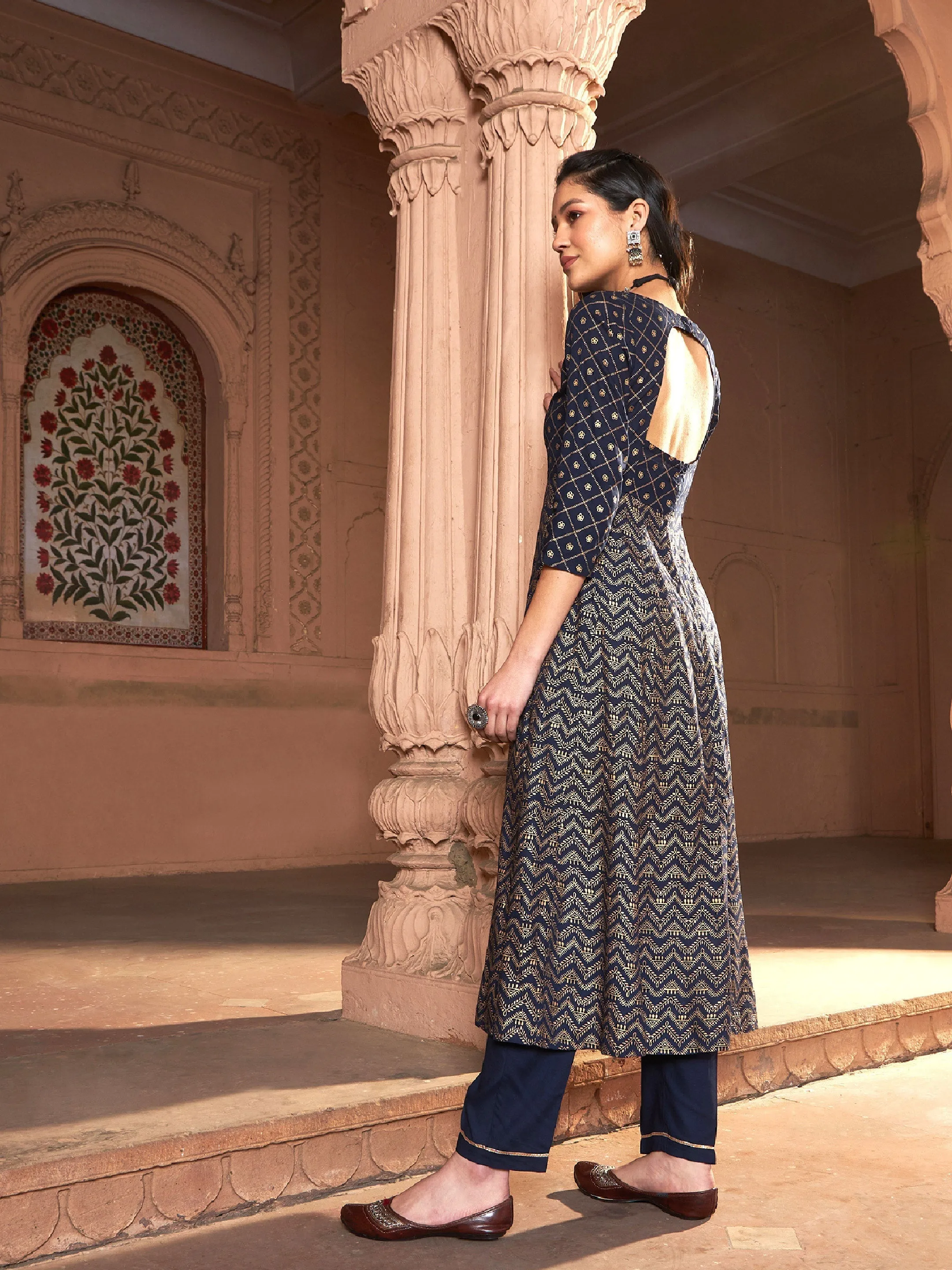 Women Navy Chevron Foil Anarkali Kurta With Pants