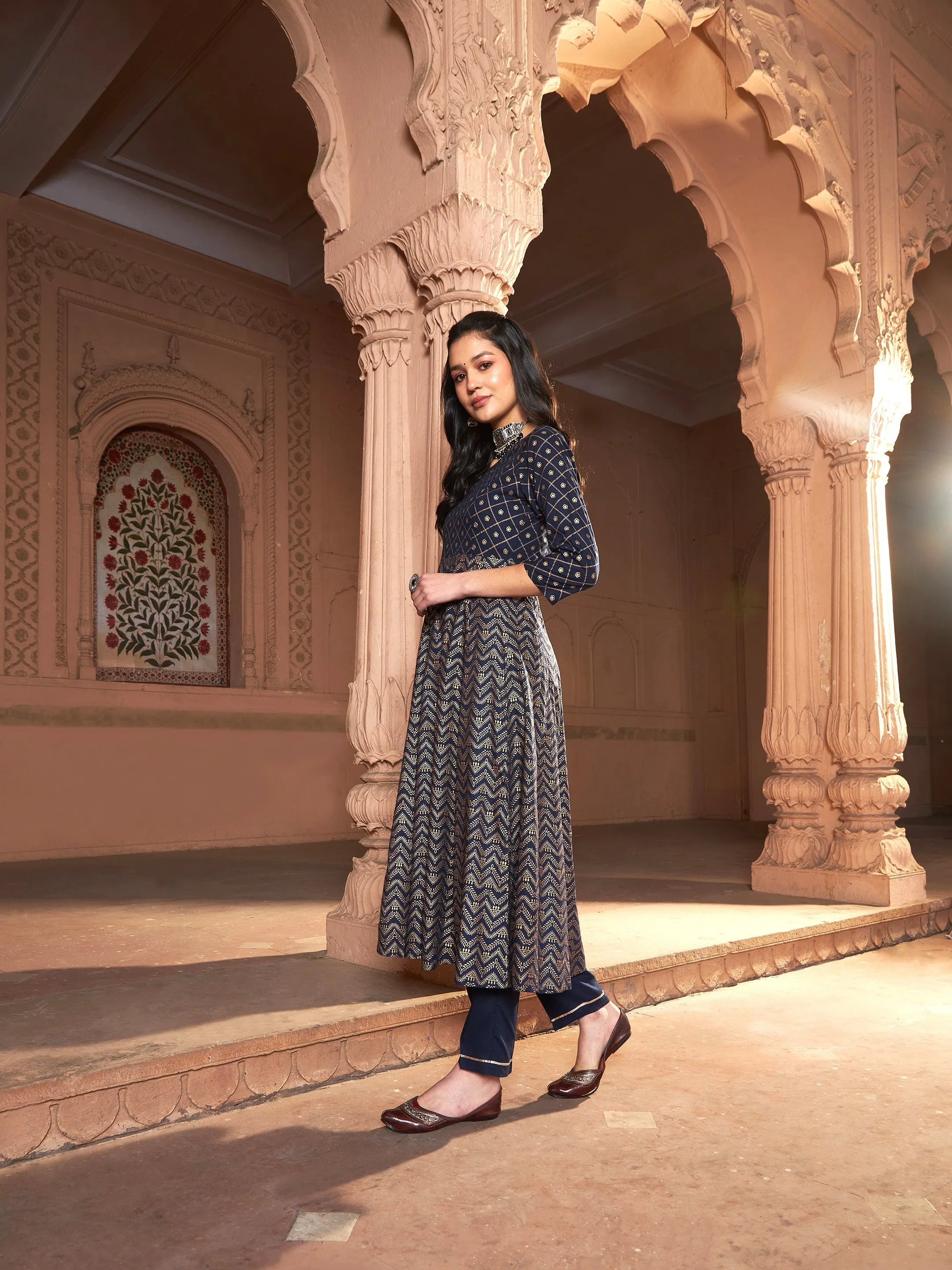 Women Navy Chevron Foil Anarkali Kurta With Pants