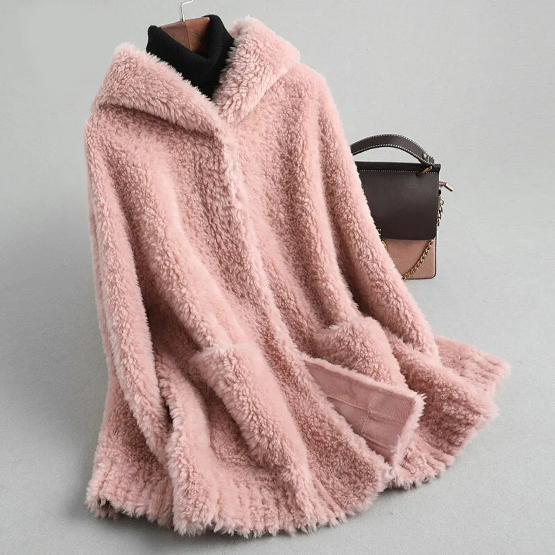 Women Real Wool Fur Coat Jacket Female Sheep  Hooded  Fur Coats