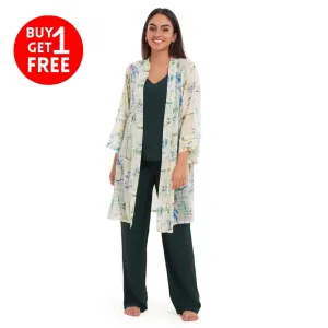 Women summer 3 piece pajama set Abstract Natural watercolors kimono   Dark green top & Pants