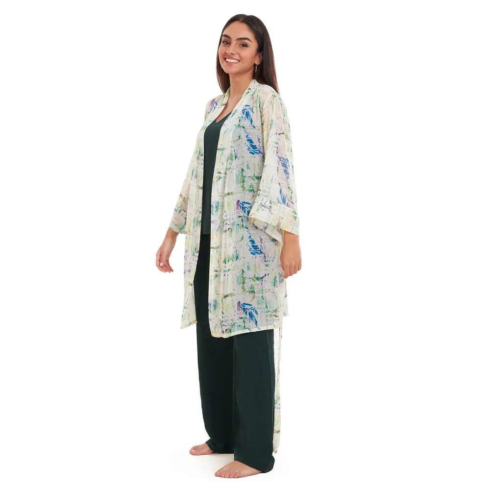 Women summer 3 piece pajama set Abstract Natural watercolors kimono   Dark green top & Pants