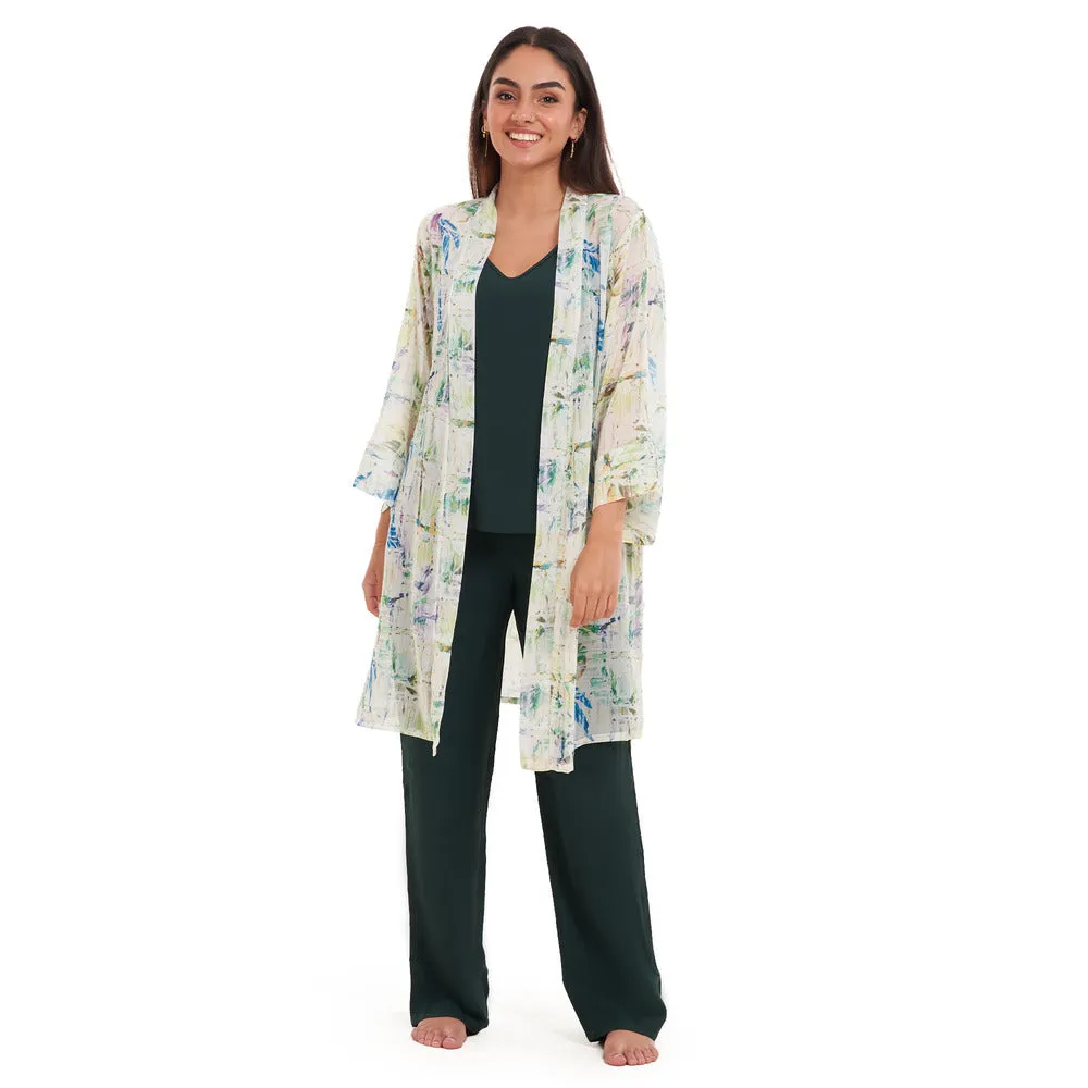 Women summer 3 piece pajama set Abstract Natural watercolors kimono   Dark green top & Pants