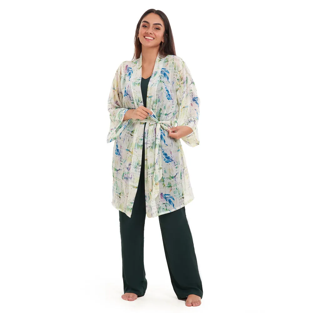 Women summer 3 piece pajama set Abstract Natural watercolors kimono   Dark green top & Pants