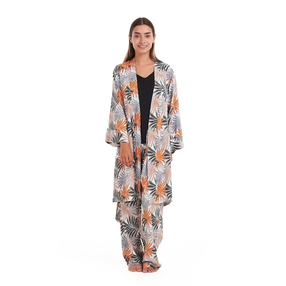 Women summer 3 piece pajama set  Black Top   Colorful flowered kimono & Pants