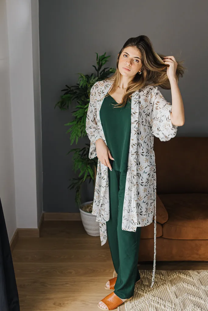 Women summer 3 piece pajama set  Dark green leaves kimono   Dark green top & Pants