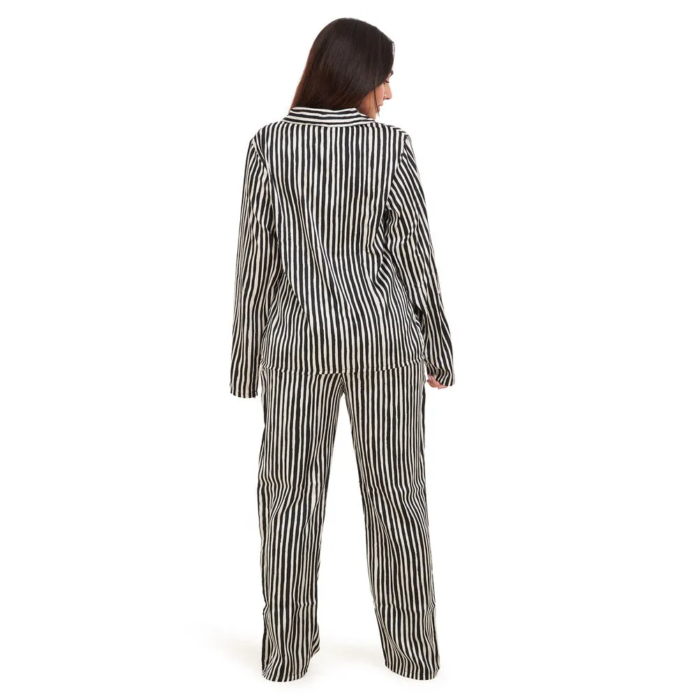 Women summer pajama set Black stripes Pattern Buttoned shirt   Pants