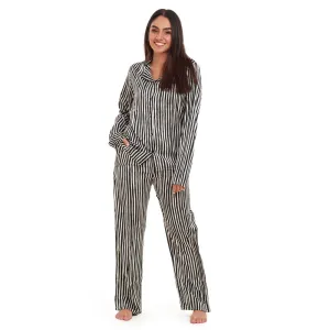 Women summer pajama set Black stripes Pattern Buttoned shirt   Pants