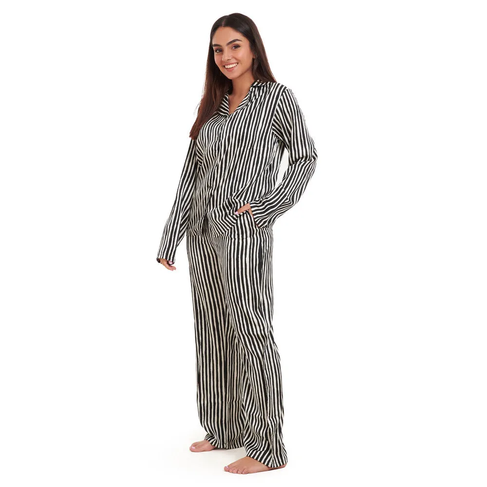 Women summer pajama set Black stripes Pattern Buttoned shirt   Pants