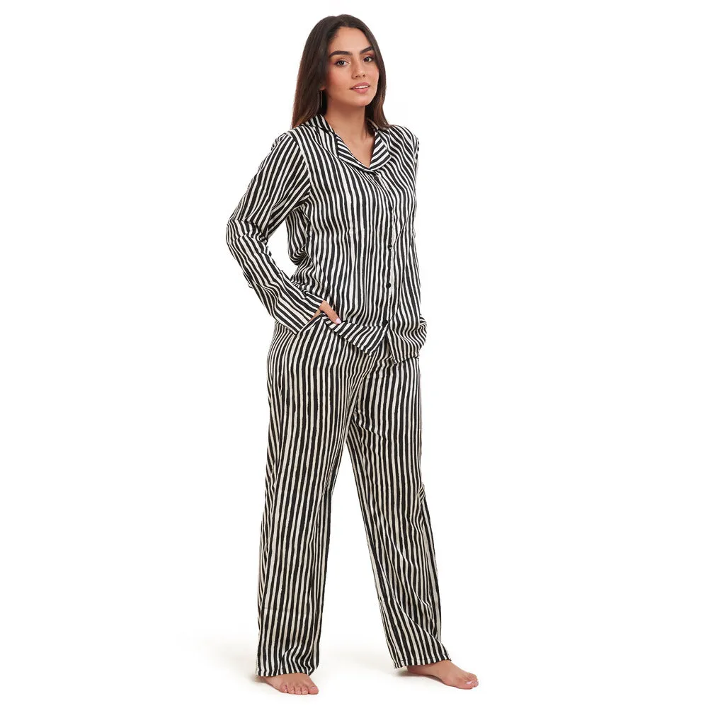 Women summer pajama set Black stripes Pattern Buttoned shirt   Pants