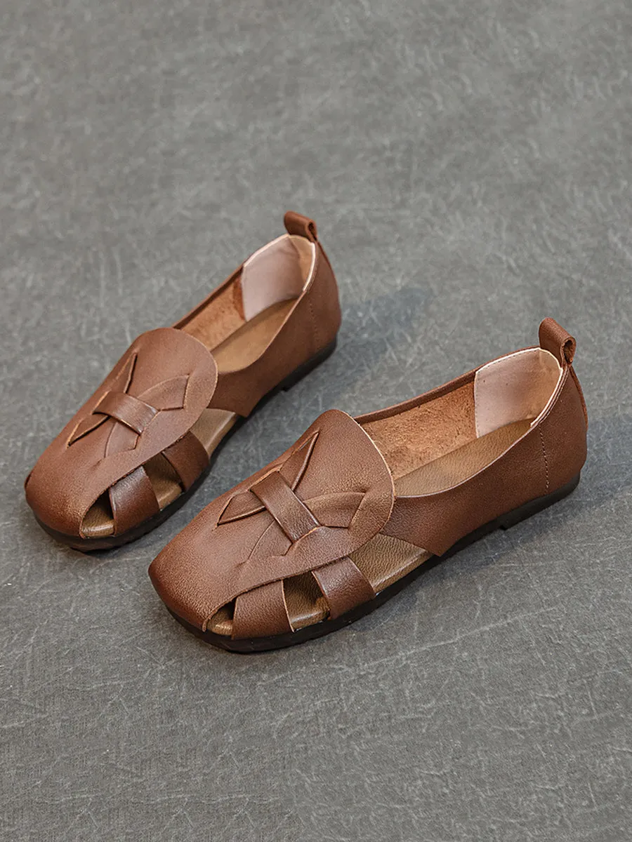 Women Summer Solid Vintage Leather Hollow Out Soft Shoes