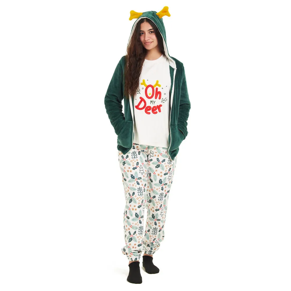 Women Winter Pajama 3 PCS Set Green Sweatshirt  Off-white top  Pants