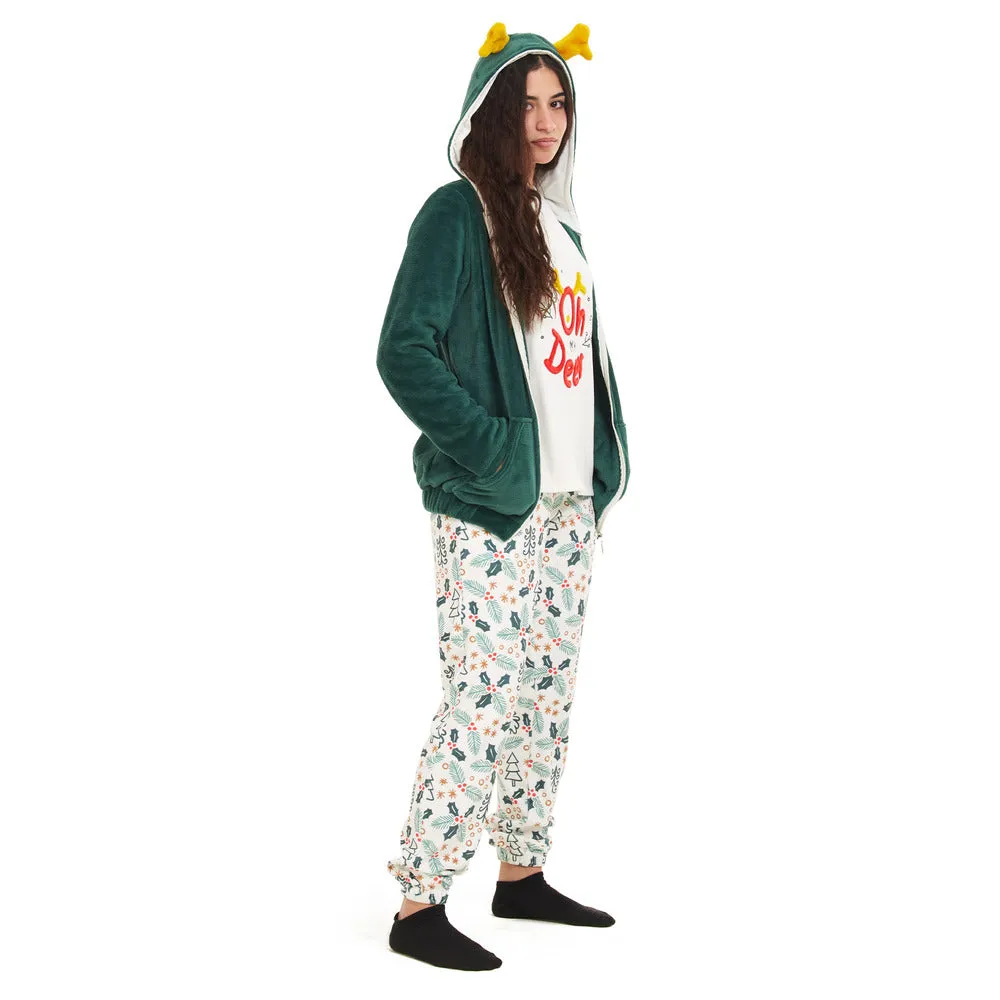 Women Winter Pajama 3 PCS Set Green Sweatshirt  Off-white top  Pants