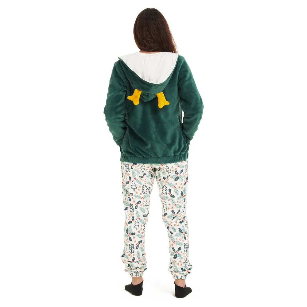 Women Winter Pajama 3 PCS Set Green Sweatshirt  Off-white top  Pants