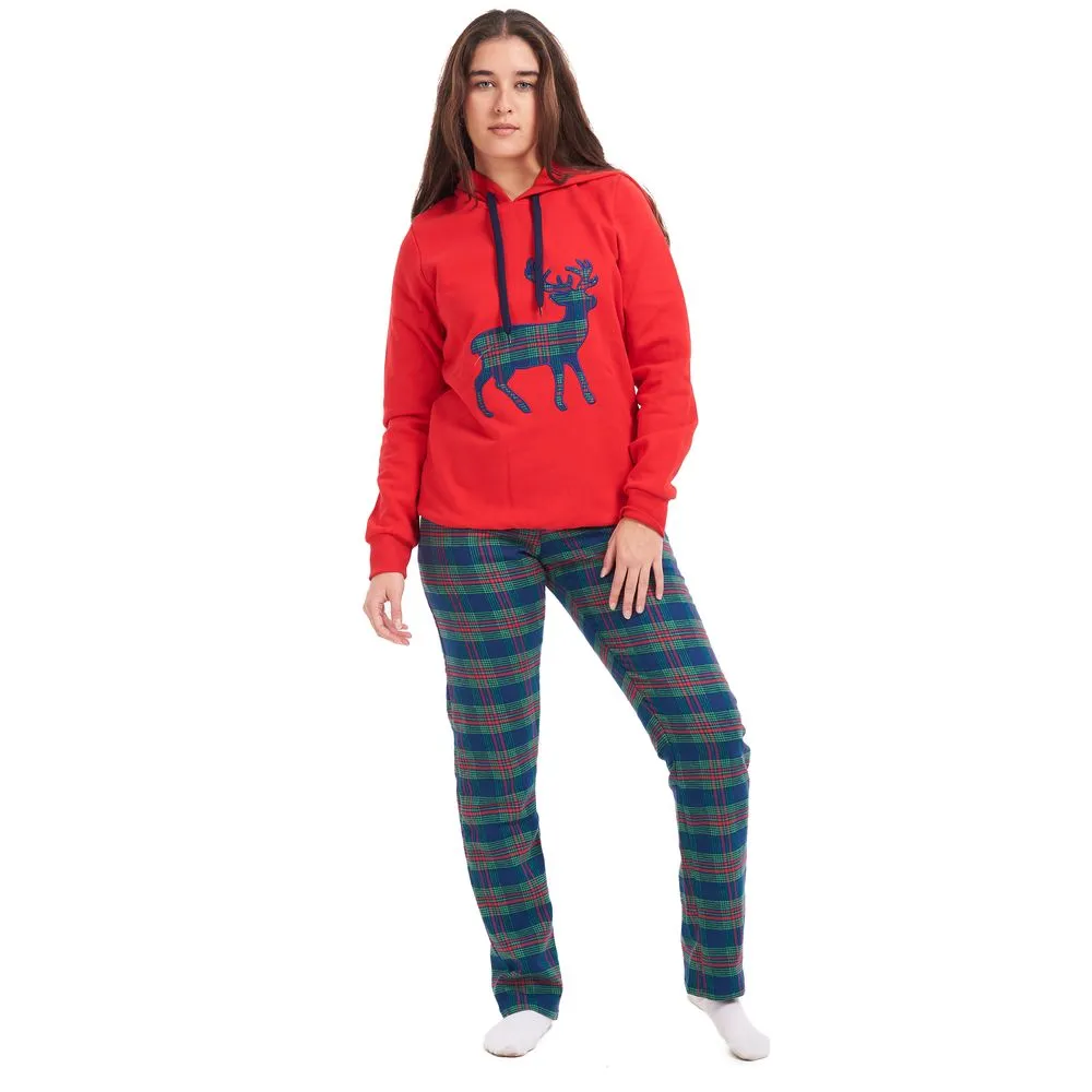 Women Winter Pajama Set Deer Sweatshirt   Maroon Checkered Pants