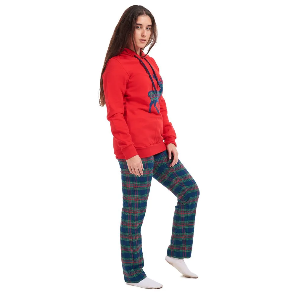 Women Winter Pajama Set Deer Sweatshirt   Maroon Checkered Pants