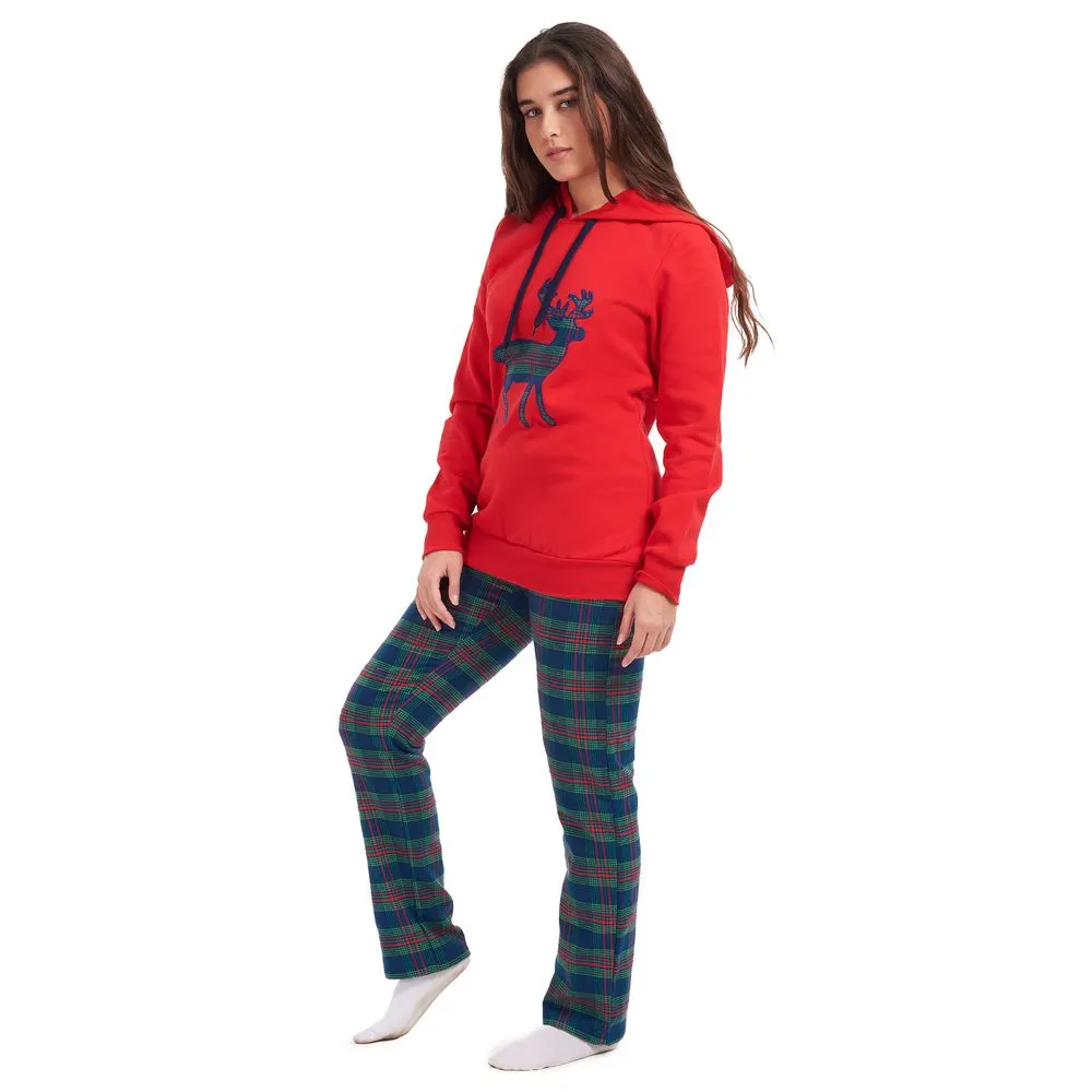 Women Winter Pajama Set Deer Sweatshirt   Maroon Checkered Pants