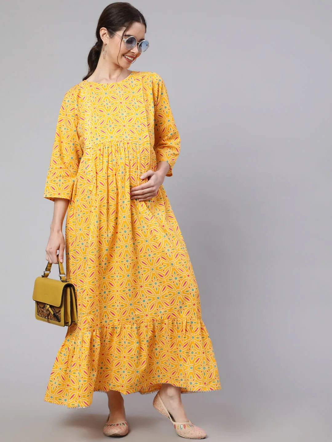 Women Yellow Ethnic Printed Flared Maternity Dress