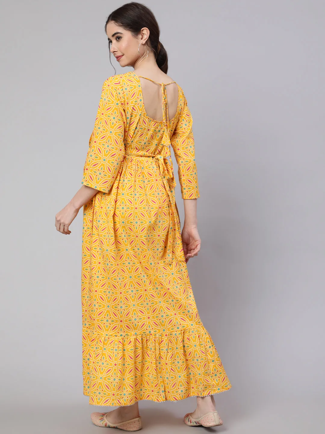 Women Yellow Ethnic Printed Flared Maternity Dress