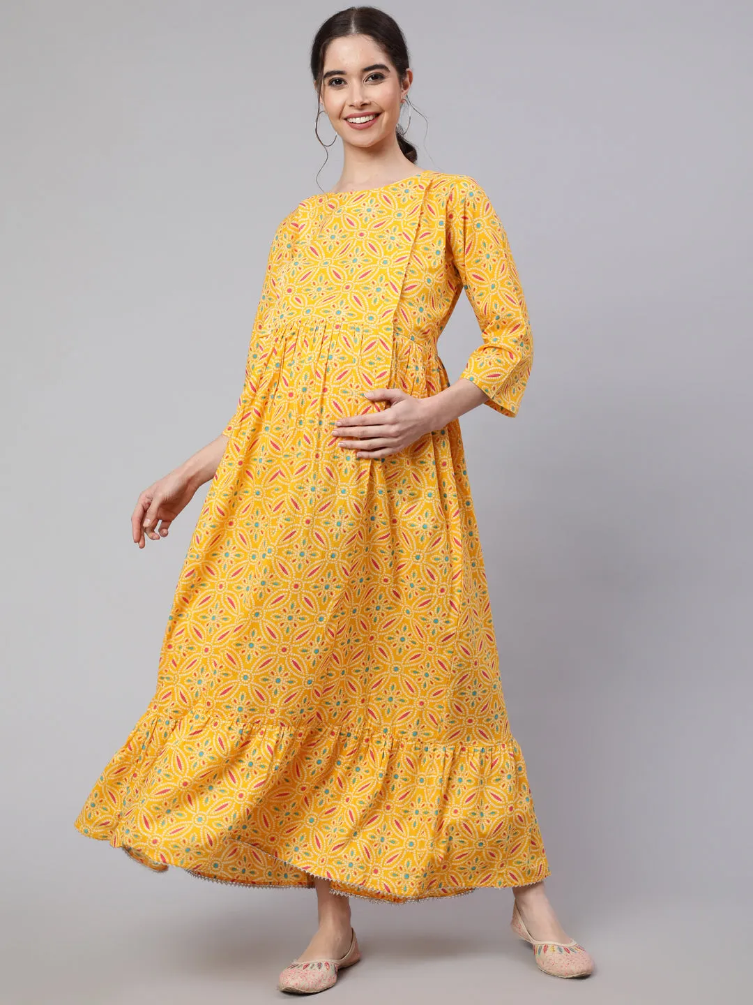 Women Yellow Ethnic Printed Flared Maternity Dress