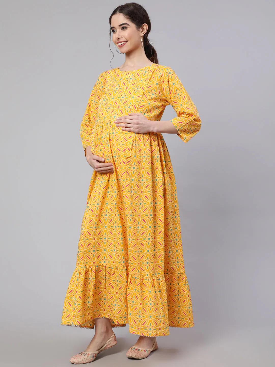 Women Yellow Ethnic Printed Flared Maternity Dress