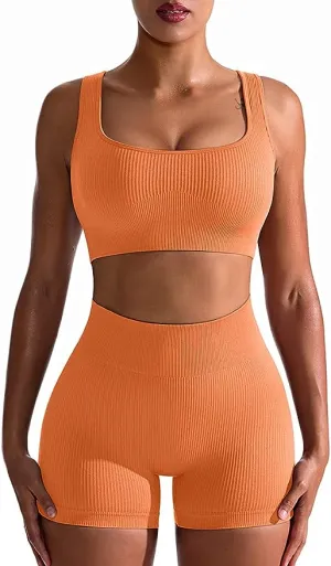 Women's 2 Piece Seamless Ribbed High Waist Short with Sports Bra Exercise Set - Orange