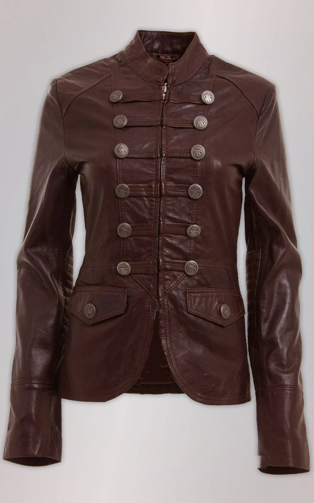 WOMENS BROWN AND BLACK MILITARY STYLE LEATHER BLAZER JACKET