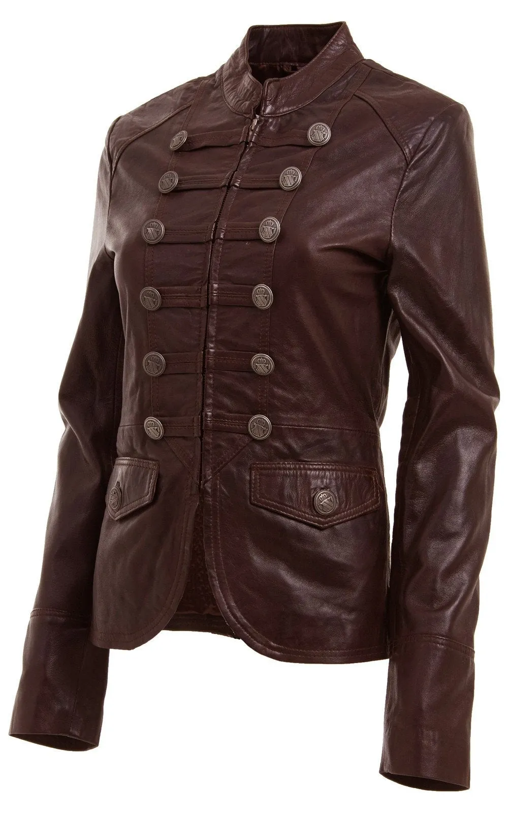 WOMENS BROWN AND BLACK MILITARY STYLE LEATHER BLAZER JACKET