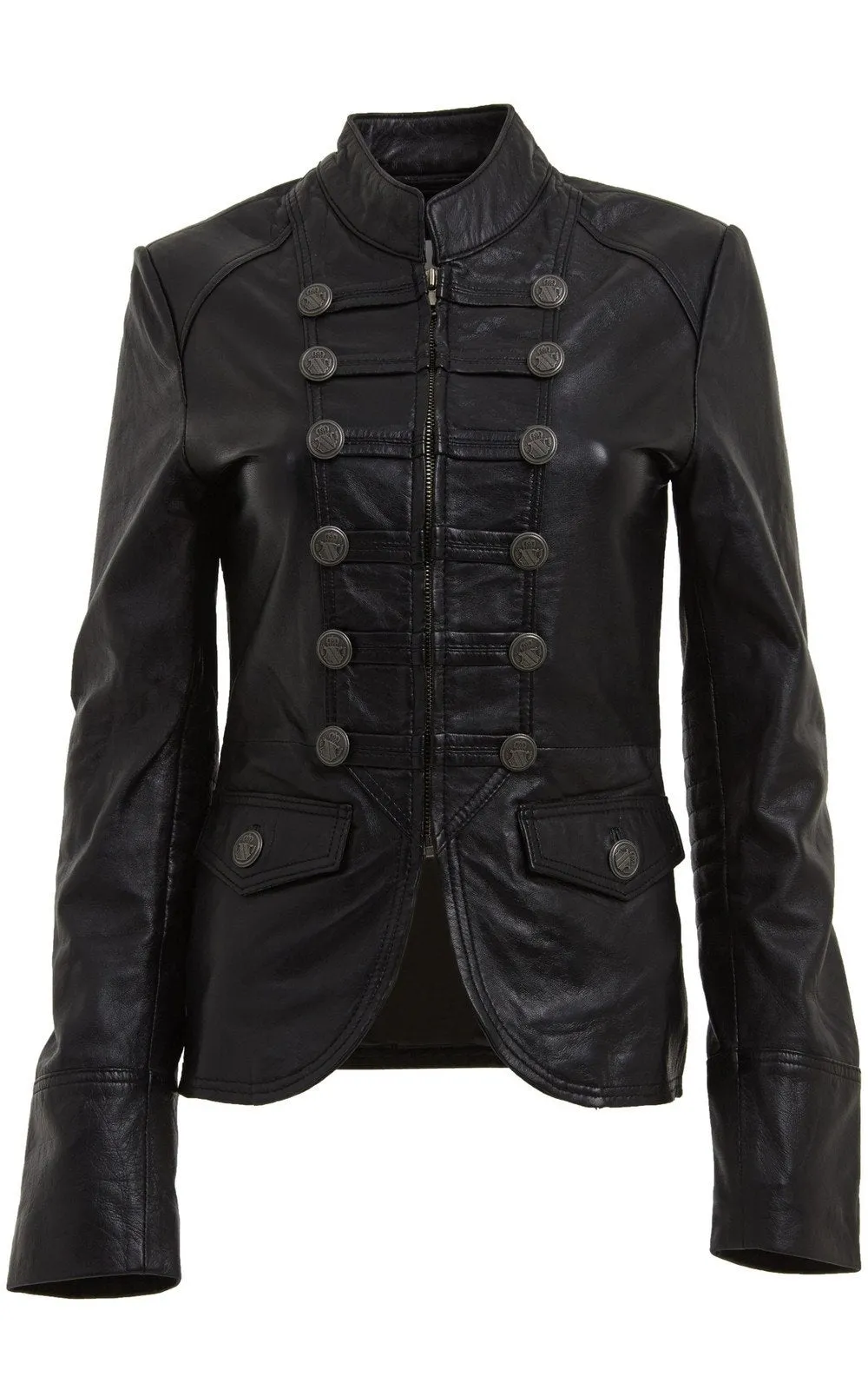 WOMENS BROWN AND BLACK MILITARY STYLE LEATHER BLAZER JACKET