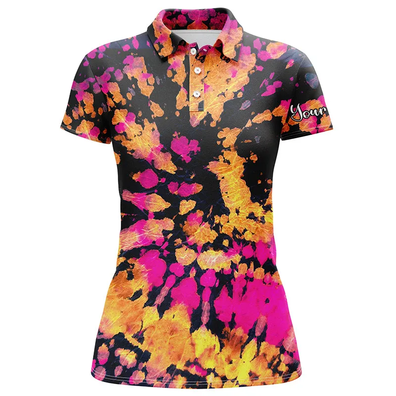 Womens Golf Polo Shirts With Yellow, Pink, Black Tie Dye Pattern Custom Name Golf Shirt For Women