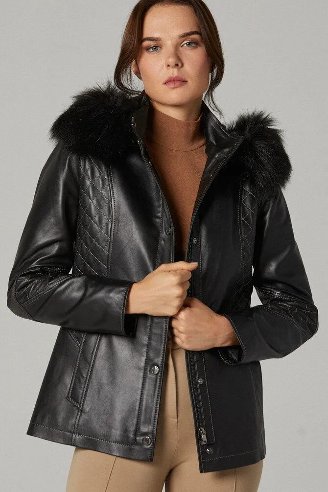 Womens Premium Quality Fur Hoodie Sheepskin Leather Jacket