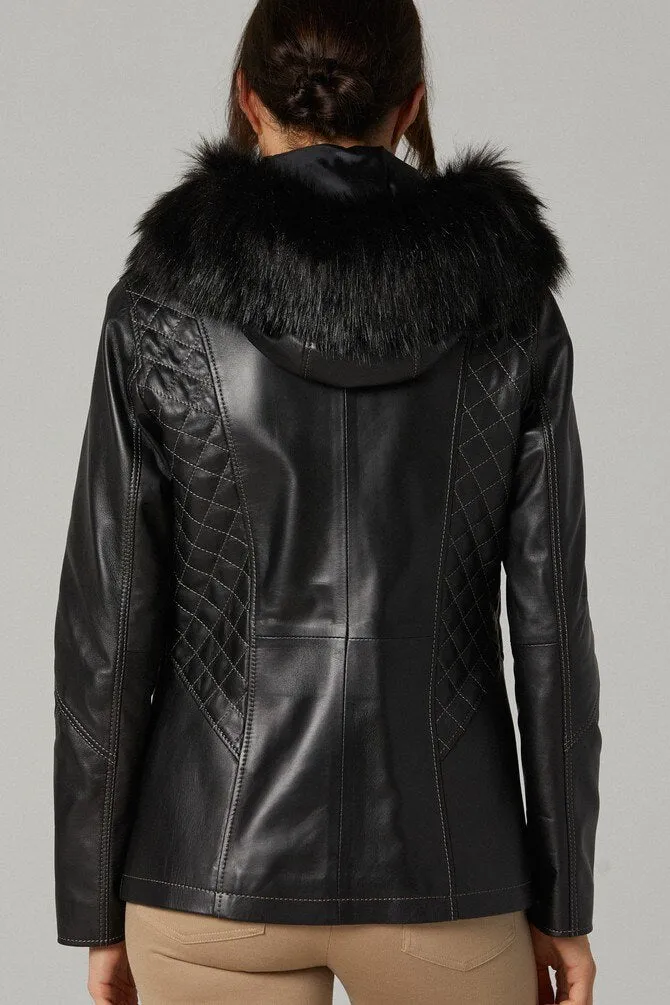 Womens Premium Quality Fur Hoodie Sheepskin Leather Jacket