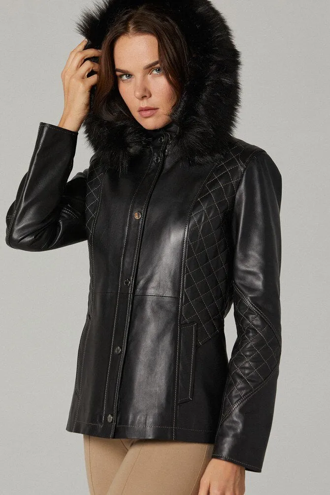 Womens Premium Quality Fur Hoodie Sheepskin Leather Jacket