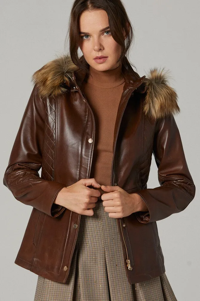 Womens Premium Quality Fur Hoodie Sheepskin Leather Jacket