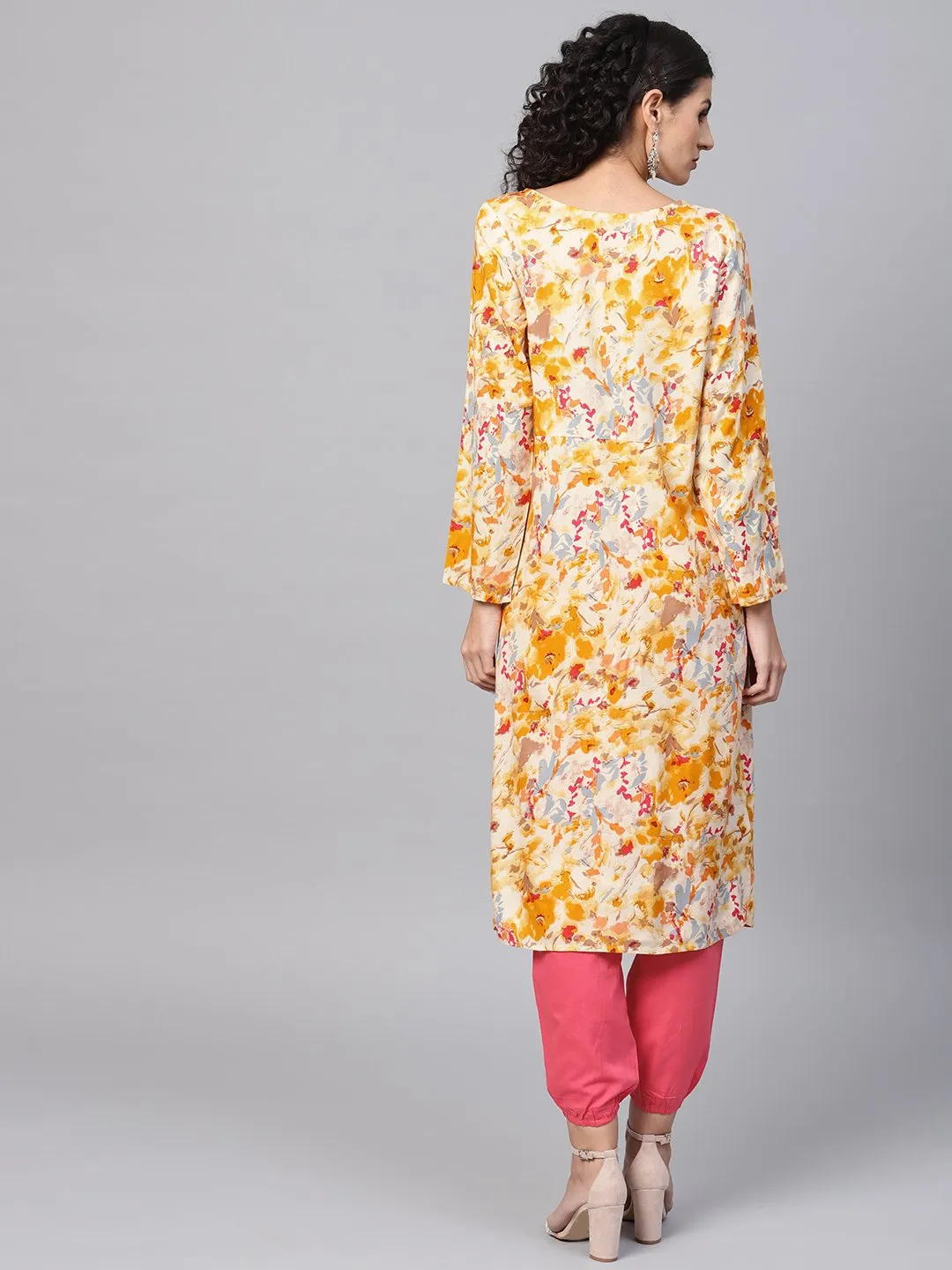 Yellow Coloured Printed Kurta Set With Solid Megenta Pants