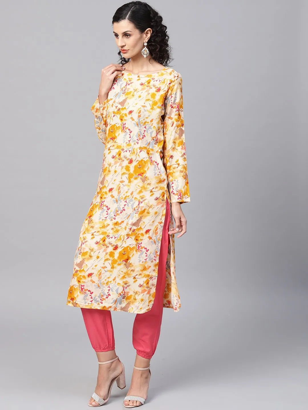 Yellow Coloured Printed Kurta Set With Solid Megenta Pants