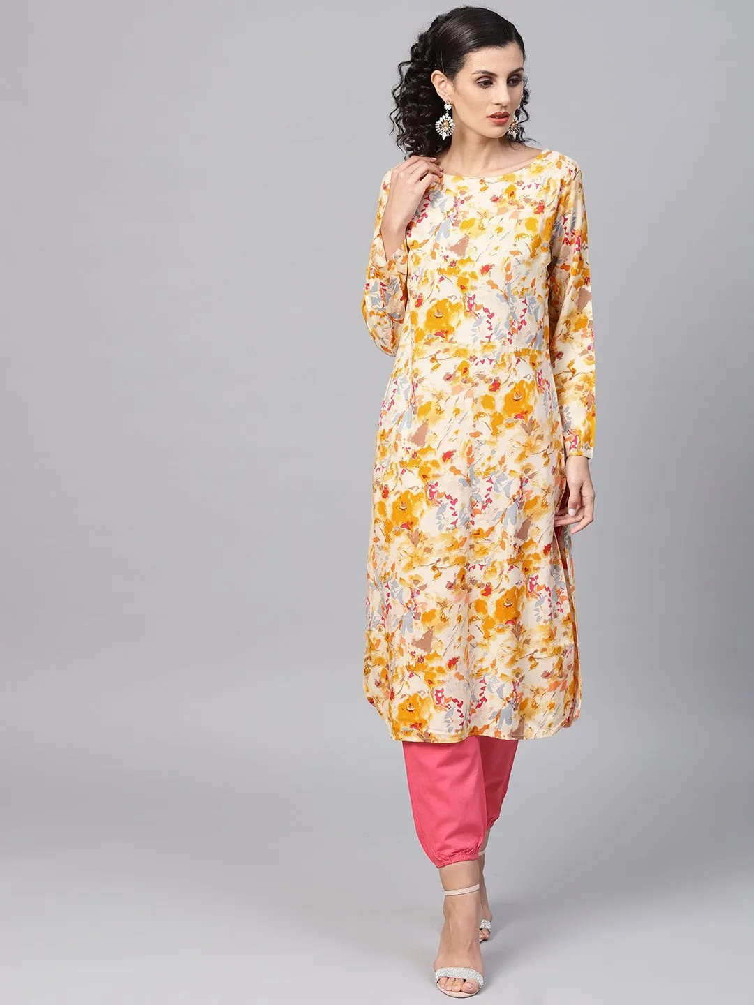 Yellow Coloured Printed Kurta Set With Solid Megenta Pants